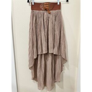 Kive Content Womens High Low Pleated Skirt Taupe Corset Lace Up Waist Medium